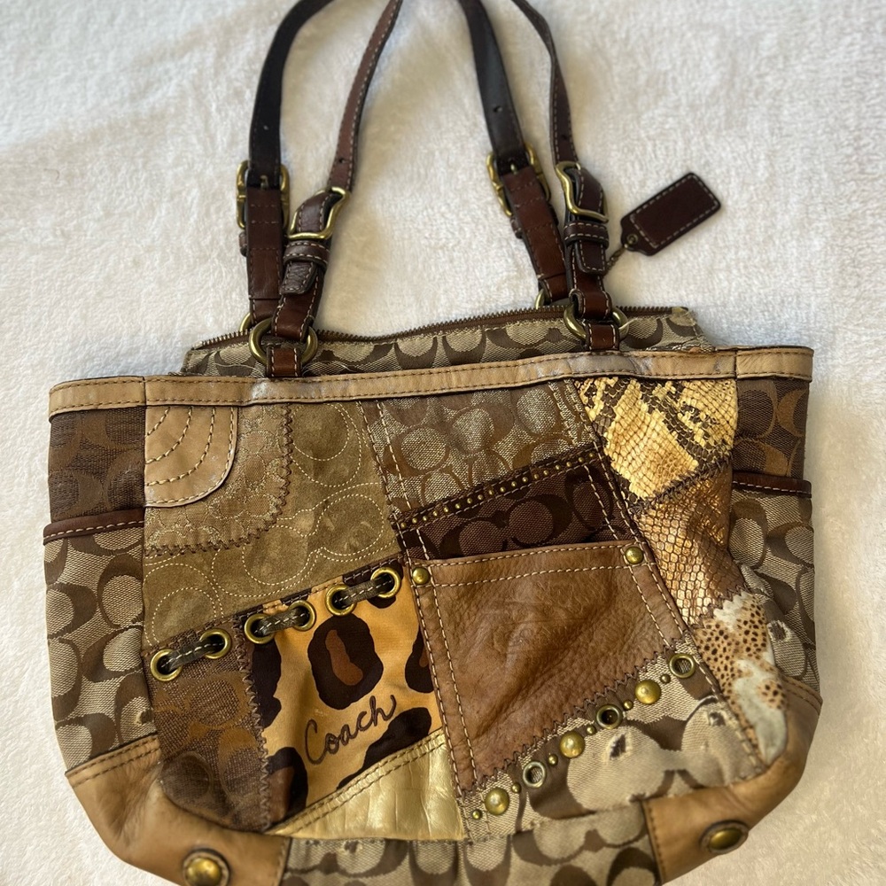 Coach Limited Edition Vintage Animal Print Patchwork Tote Bag Y2K Brown Gold Tan